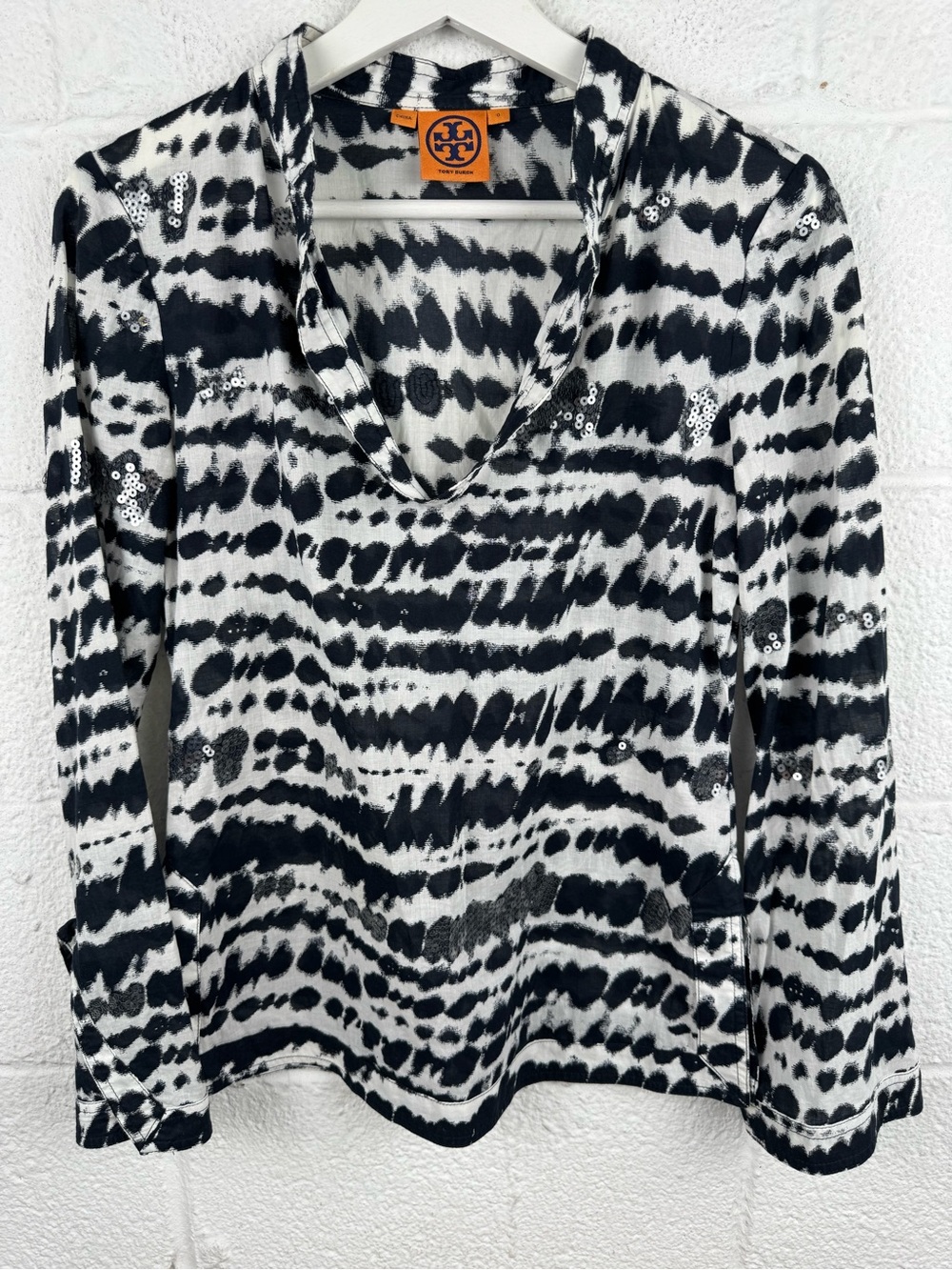 Tory Burch Sequin Embellished Tie-Dye Print Cotton Tunic Blouse Black White